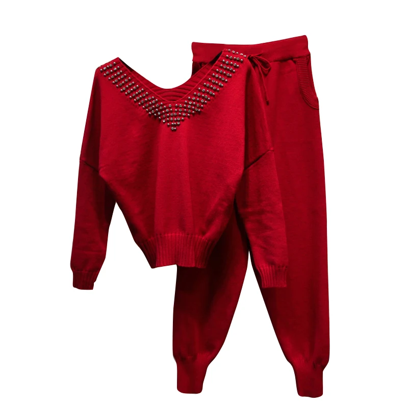 ALPHALMODA 2018 Autumn Winter Women's V-collar Beaded Fashion Knit Tracksuit Pocket Pants Stylish Studded Collar Knitting Sets