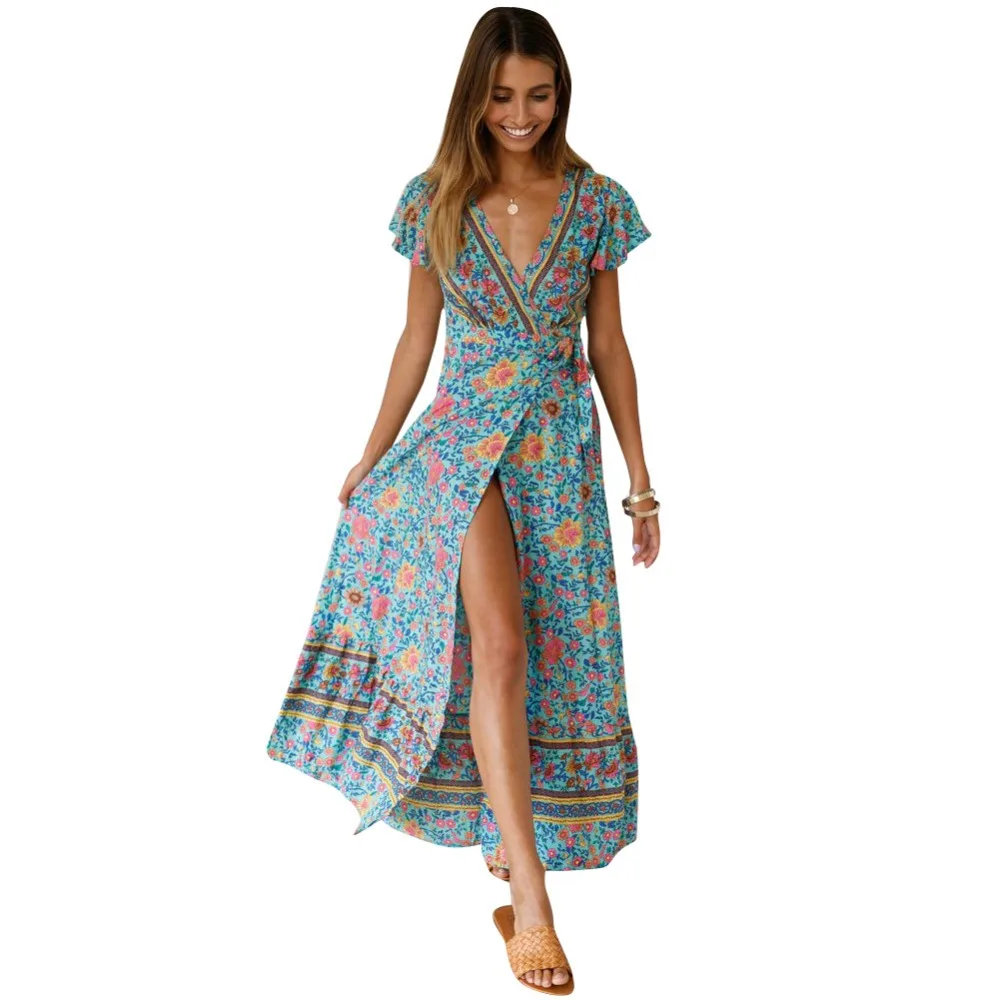 

Sexy V Neck Ruffles Lace Up Boho Floral Long Women Summer Dress Festa Bandage Dresses Female 2019 Elegant Holiday Beach Sundress