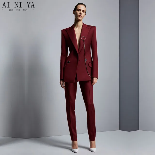 Wine Red Jacket+Pants Women's Business Suits Office Uniform Designs