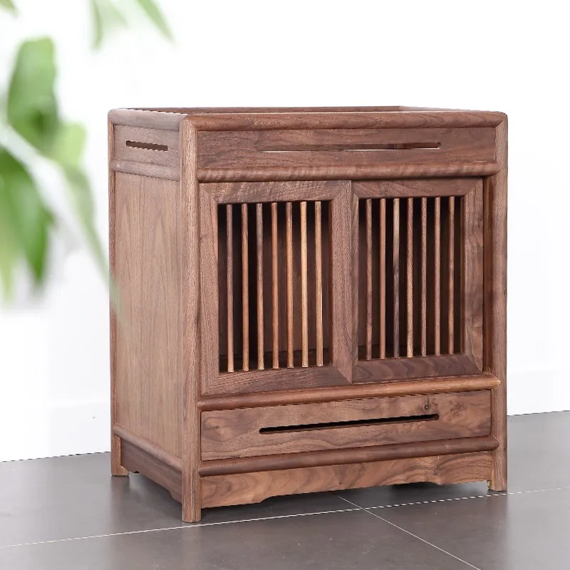 

New Chinese tea cabinet solid wood shelf living room Chinese office black walnut side cabinets tea table Zen