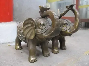 

Chinese Folk Copper Bronze Lucky Ru yi yuan bao Elephant Feng shui animal Pair