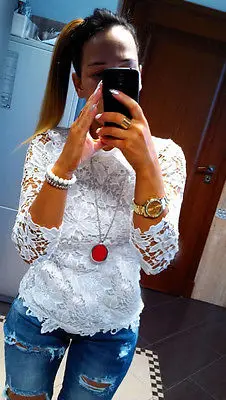 

Fashion Women Ladies Lace Tee Long Sleeve Casual T-Shirt Tops Lace Embroidery Tops