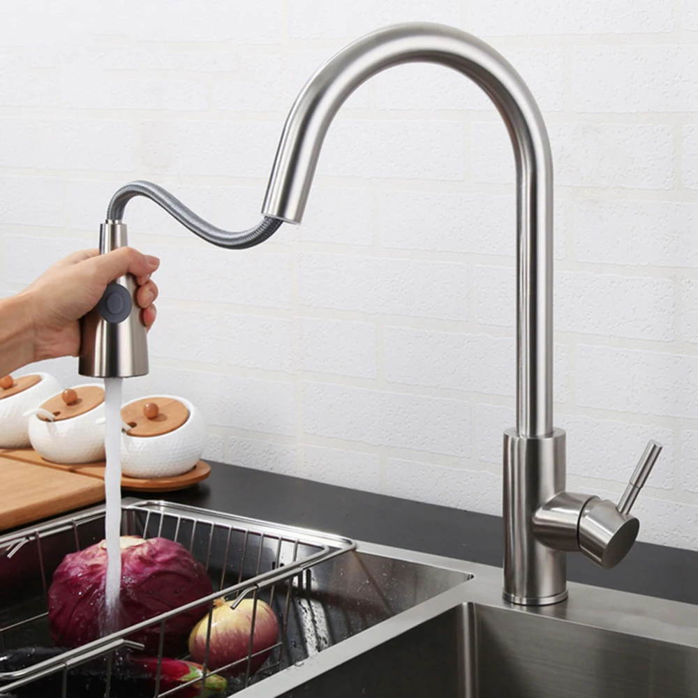 

Kitchen Faucet Silver Single Handle Pull Out Kitchen Tap 360 Degree Swivel Water Mixer Tap