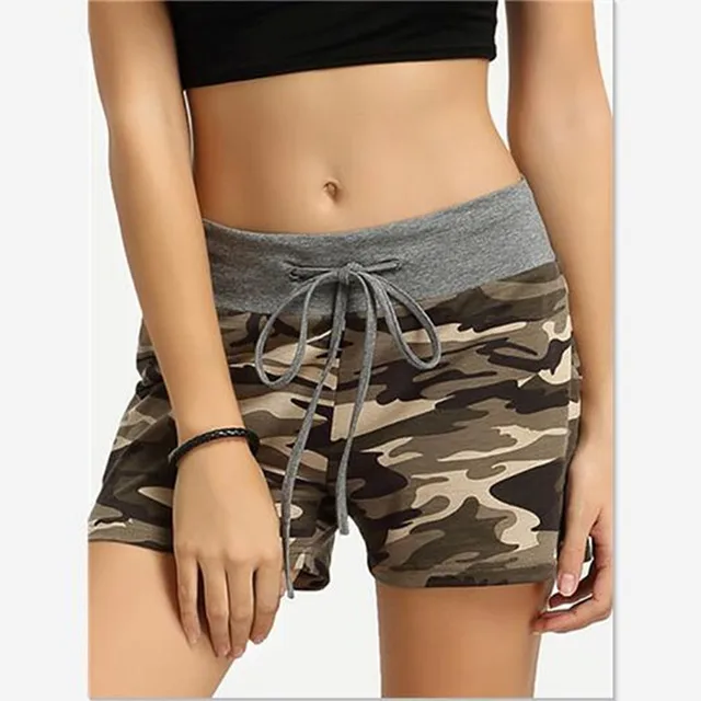 Women Shorts green Camouflage print Cotton Blend patchwork Elastic Wait