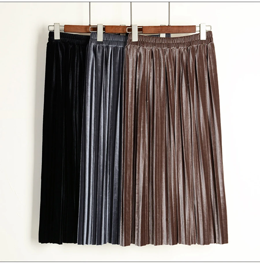 Повседневная плиссированная длинная юбка макси Новая женская юбка до середины икры пляжная черная металлическая винтажная юбка средней длины с завышенной талией