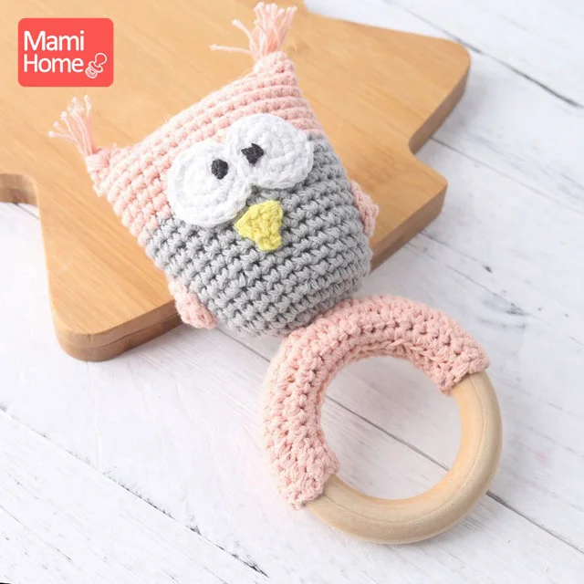 mamihome 1pc Baby Rattle Cartoon Crochet Animal Baby Teether Wooden Ring Handmade Chew Toy BPA Free Wooden Teething nursing gift - Цвет: Owl Rattle