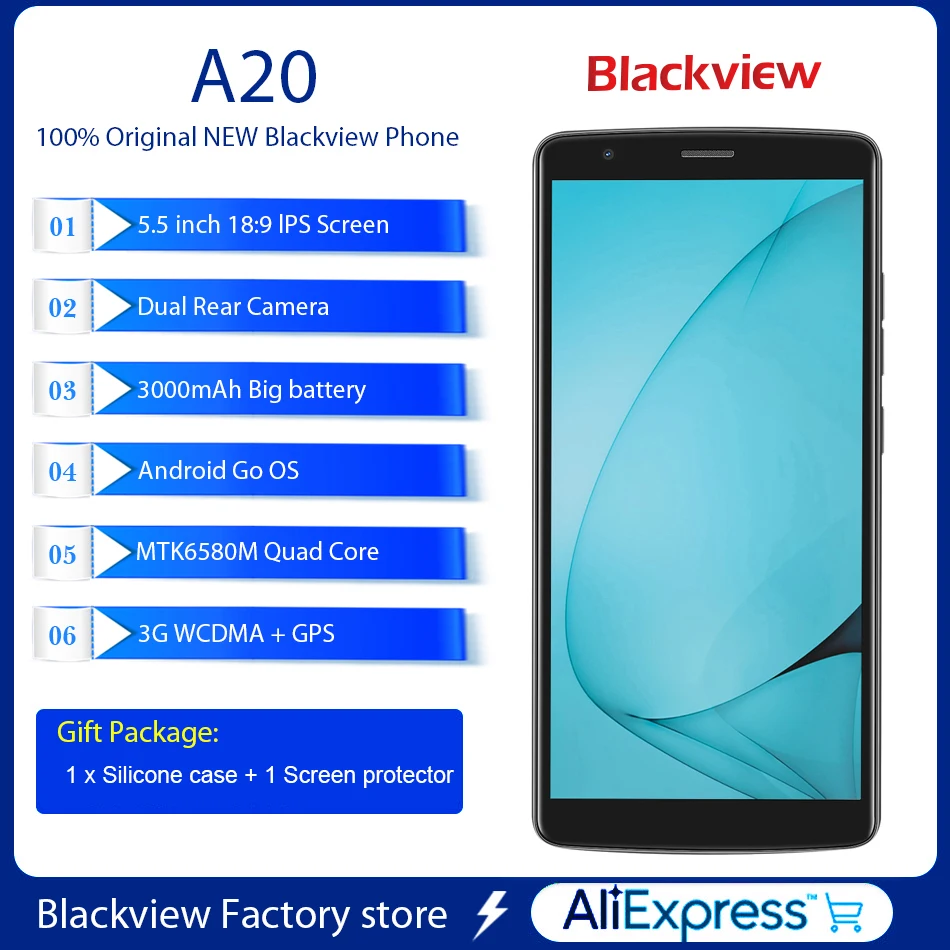 Blackview A20 1GB 8GB 3000mAh Мобильный телефон Android GO двойная задняя камера смартфона MTK6580M