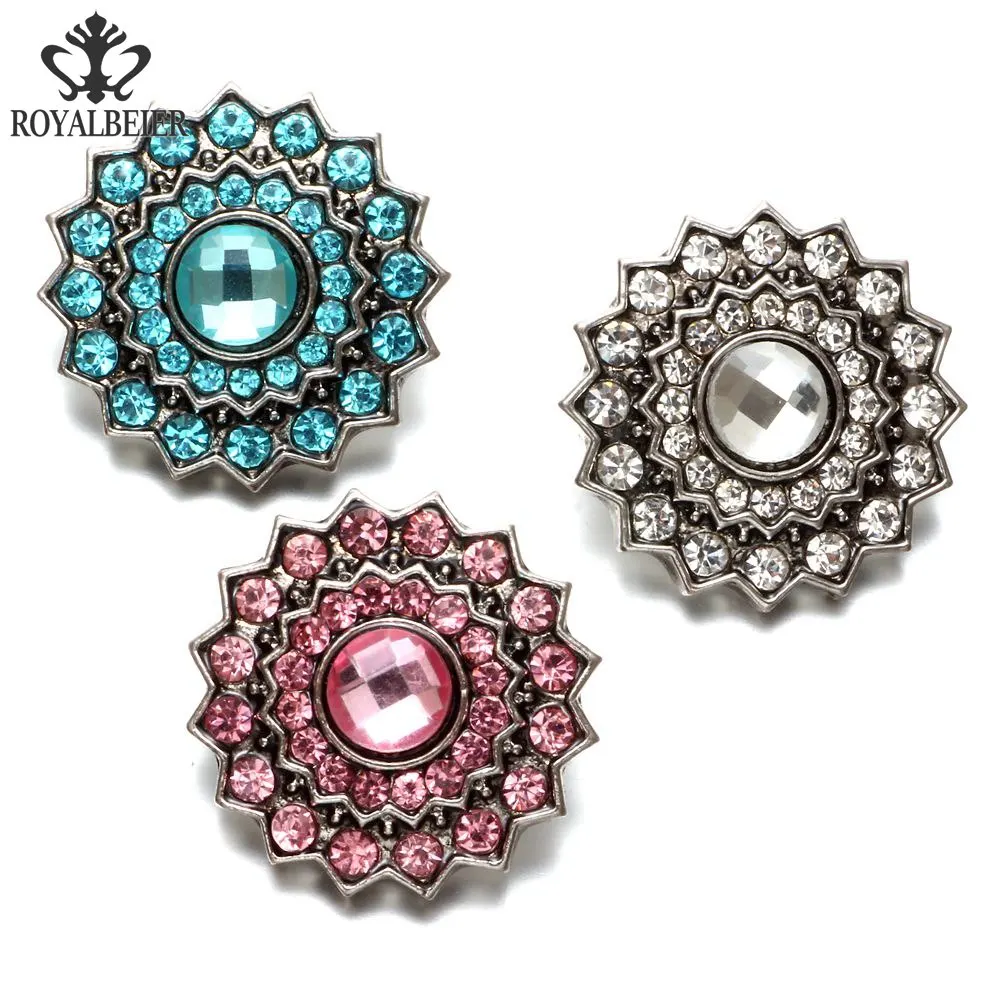 RoyalBeier 3pcs/lot Rhinestone Flower Shape Metal Charms 18mm Snap