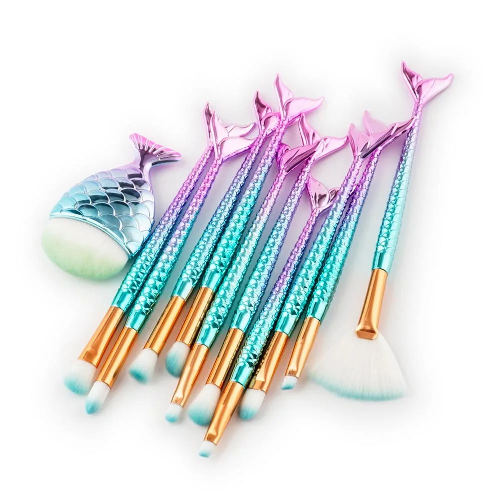 New 10pcs Mermaid Brushes Makeup Set Colorful Fish Tail Powder