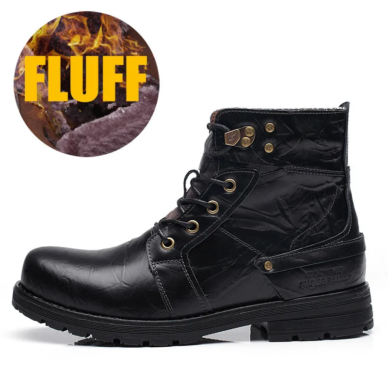 Зимние мужские ботинки из натуральной воловьей кожи мужские военные Полусапоги Готический Череп Панк мотоциклетные ботинки martin Рабочая обувь - Цвет: Black   Fluff