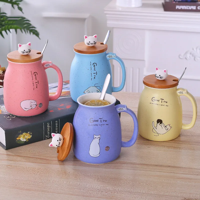 

Coffee Mug With Lid For Girls' Special Ceramic Cat Cute Water Cup Office Home Princess Water Cup Stainless Steel Tea Spoon