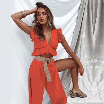 

2019 Fashion Women High Street V Neck Ruffles Crop Tops And Pants Suit Short Casual High Split Solid Two Piece Set