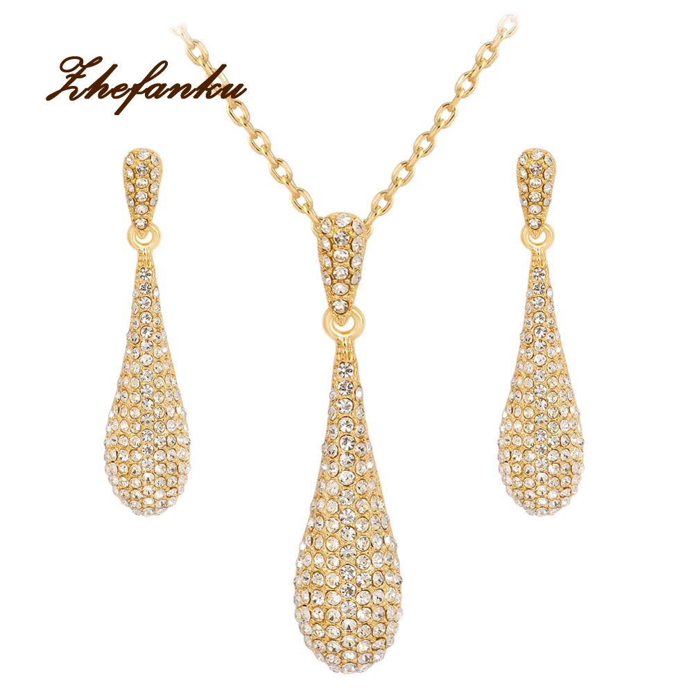 

Unique Wedding Necklace Set Gold Color Rhinestone Water Drop Necklace Earrings Jewelry Set For Women