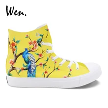 Вэнь Chinoiserie Стиль Холст Спортивная обувь Граффити Павлин изысканный сливы дизайн Ручная роспись обувь для взрослых Zapatos