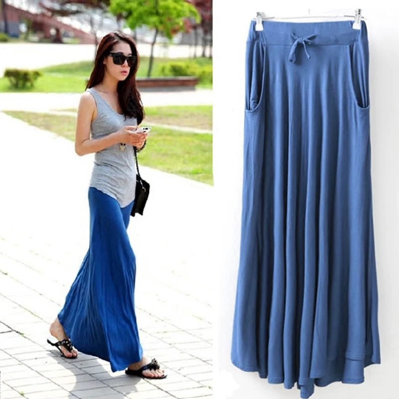 Богемные летние юбки длиной до щиколотки, женские повседневные однотонные плиссированные юбки с завышенной талией и поясом