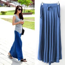 Богемные летние юбки длиной до щиколотки, женские повседневные однотонные плиссированные юбки с завышенной талией и поясом
