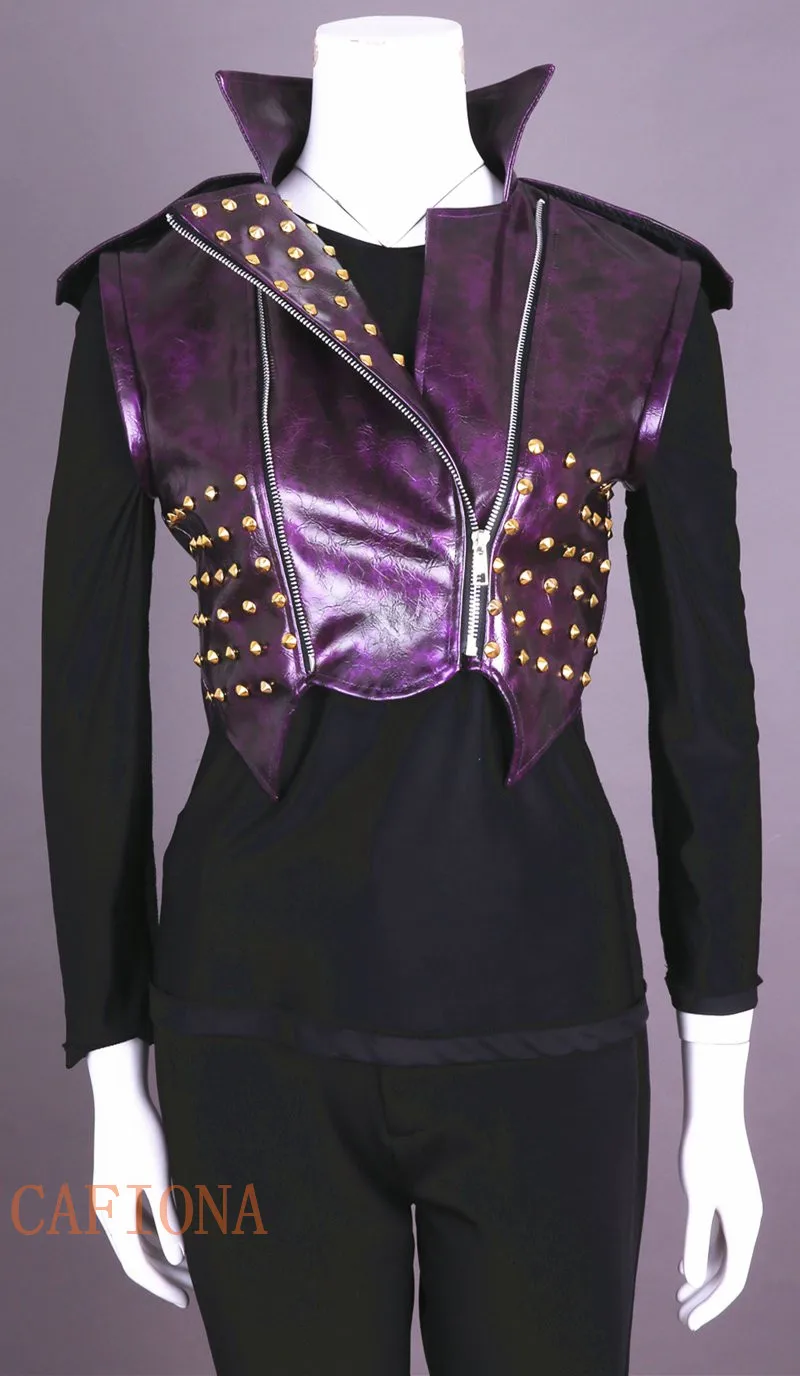 Cafiona Descendants 2 cosplay Mal костюм для косплея фиолетового цвета кожаное пальто куртка с заклепками в стиле панк размер на заказ вечерние