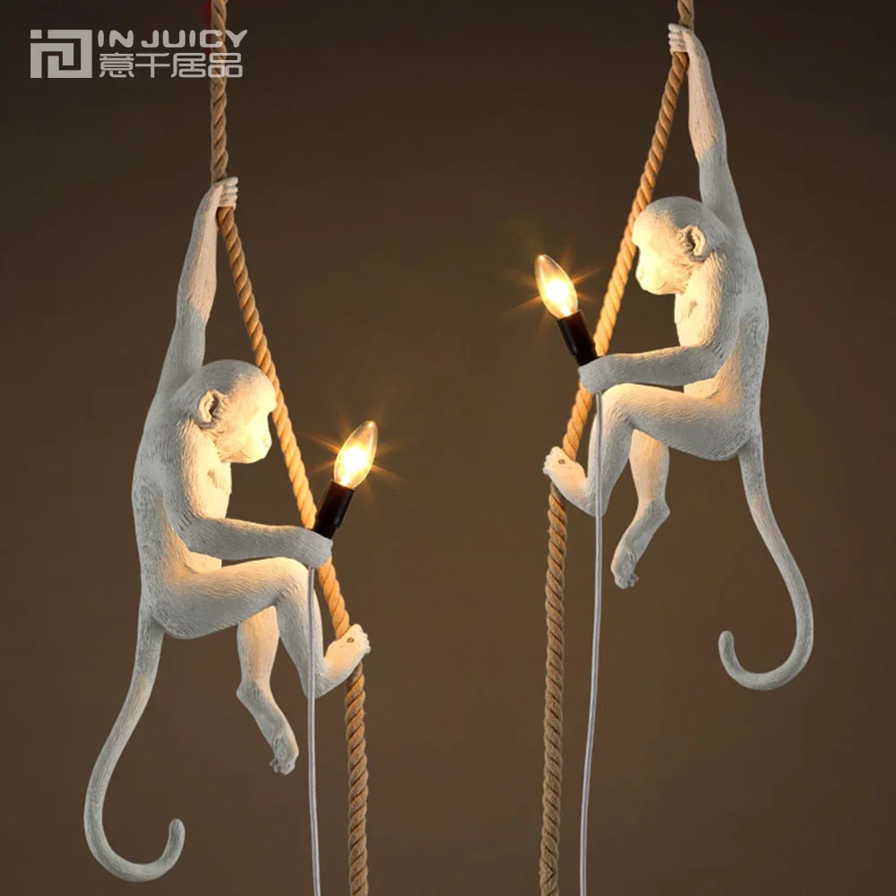 Loft Vintage Resin Hemp Rope Monkey Pendant Lights Industrial Retro E14 Edison Pendant Lamp for Dining Room Bedroom Bar Gift