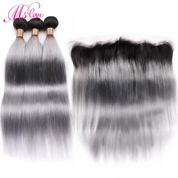

Pre-Colored Ombre Grey Bundles With Frontal Closure 13x4 Straight Remy Brazilian 28 30 Inch Humam Hair 3 4 Bundles With Frontal
