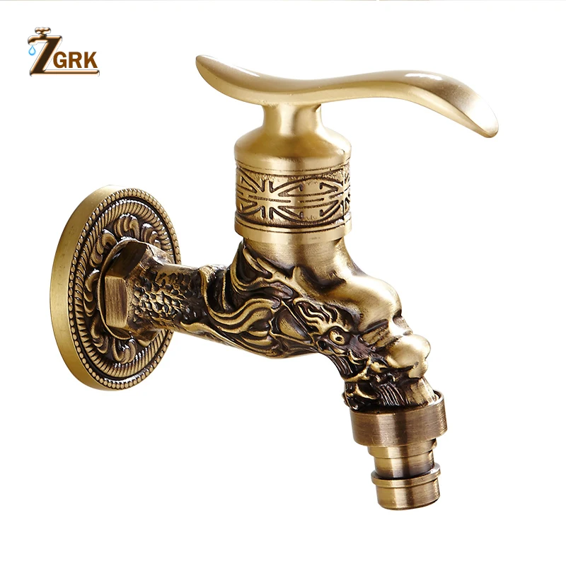 

ZGRK Carved Wall Mount Bibcock Brass Retro Tap Decorative Outdoor Garden Taps Washing Machine Mop Luxury Antique WC Faucet