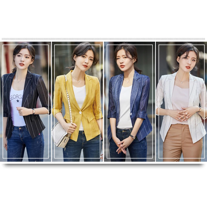 women blazer turn down collar slim Spandex blazer mujer 2019 Solid color Striped Casual retro vogue blazer New arrive fashion