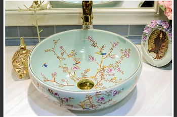 

Jingdezhen factory directly art hand painted ceramic foot wash sink wash basin bathroom sinks flower and bird round