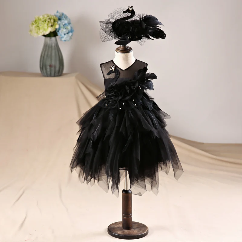 

1-12 Y Gorgeous Black Swan Flower Girl Dresses Ball Gown Kids Pageant Dress for Birthday Costume Tulle Princess Party Gowns B125