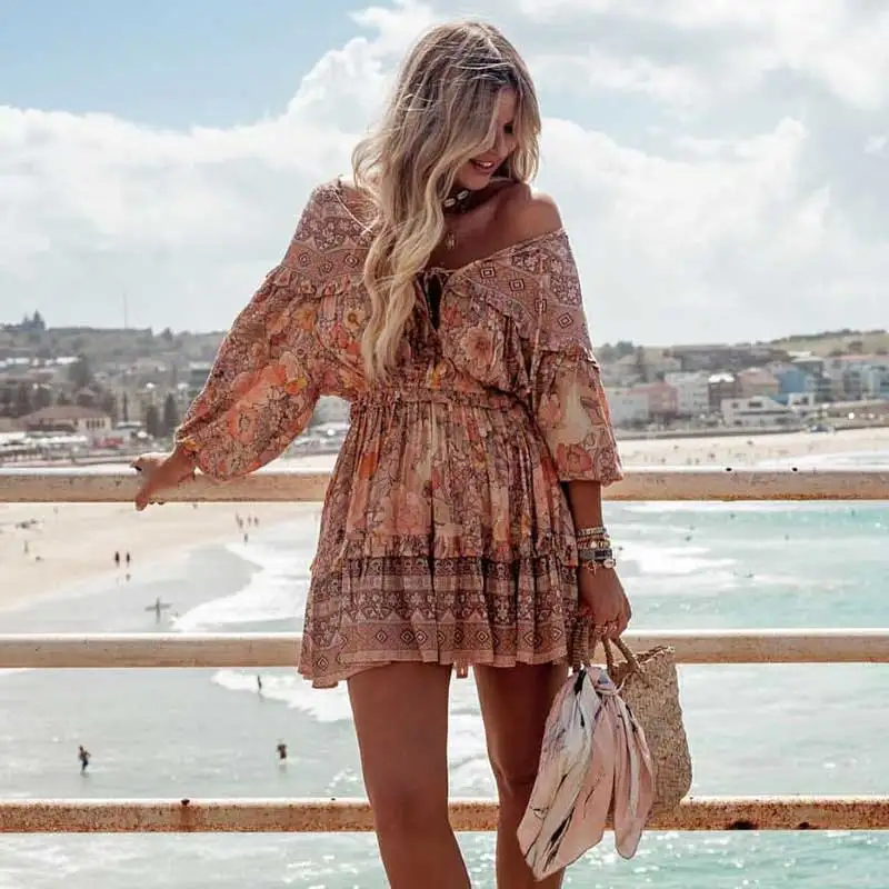 

Boho blush florla print frill summer dresses long sleeve pleated women elastic mini gypsy boho beach party wear chic vestido