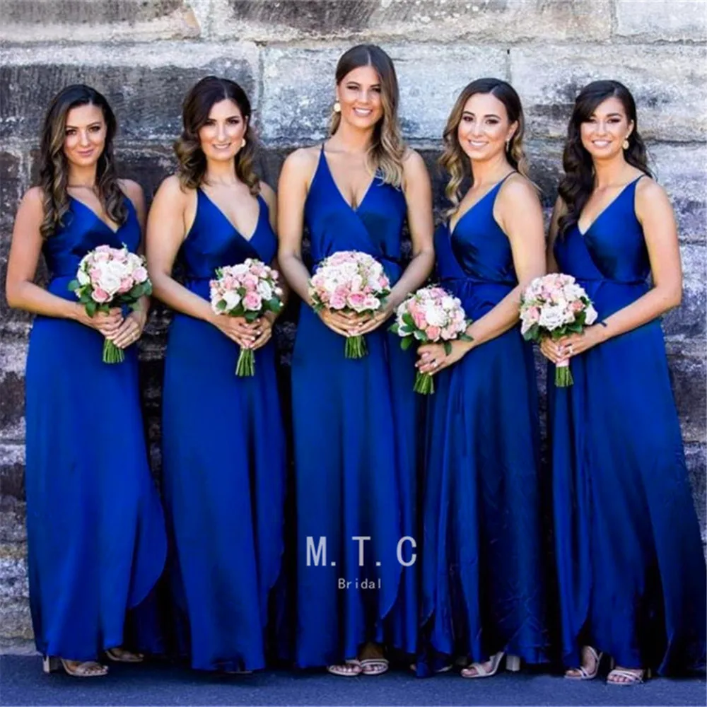 

Sexy Royal Blue Bridesmaid Dresses 2019 High Quality V Neck A Line Spaghetti Strap Long Maid Of Honor Dress Cheap