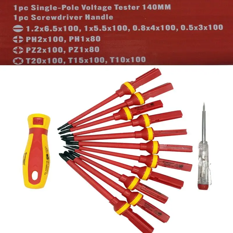 13 шт. VDE Изолированная высокотемпературная Отвертка Набор сменных шлицевых и крестообразных и Torx головок Магнитная отвертка Ремонт ручной инструмент