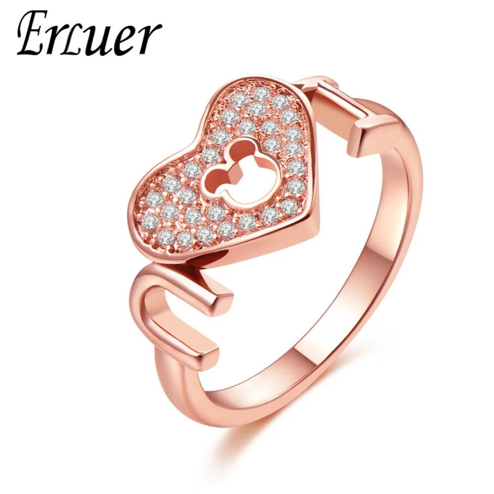 ERLUER кольца для женщин модная в форме сердца Микки Кристалл ювелирные изделия Девушка розовое золото циркон кольцо для помолвки, романтическое ювелирное изделие