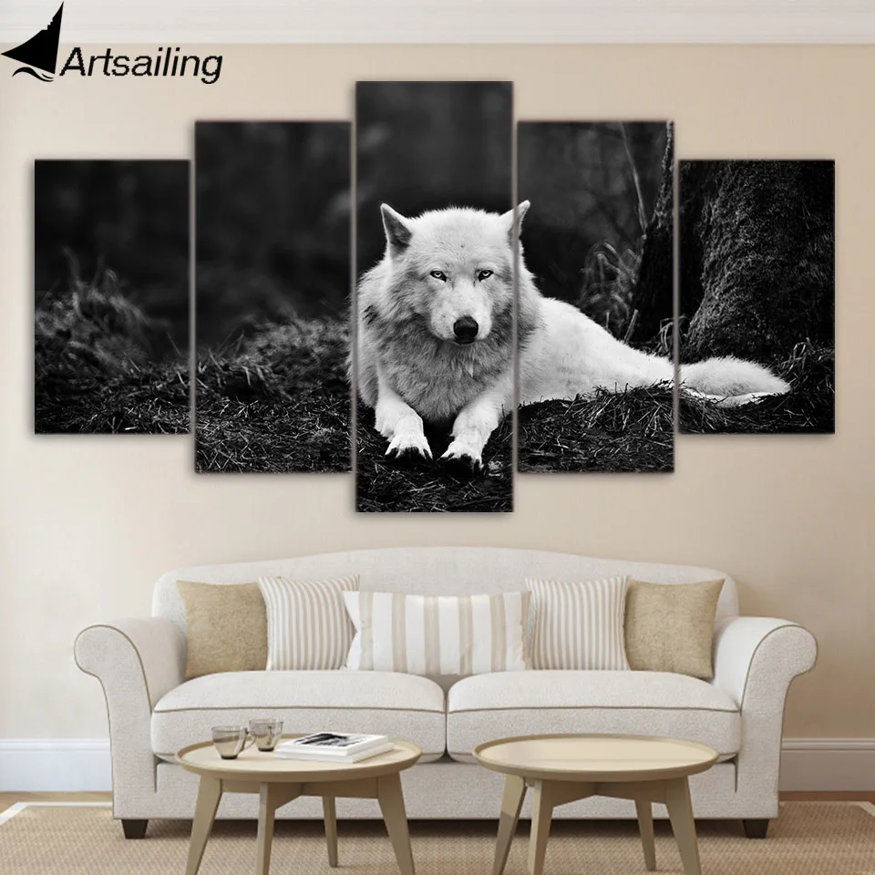 5 piece canvas painting wolf stare black and white HD posters and