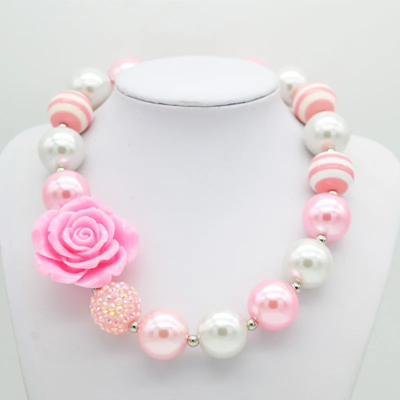 

2020 New Girl Pink Rose Flower Bubblegum Necklace for Chunky Jewelry Kids Gumball Chunky Beaded Necklace for Birthday Jewelry
