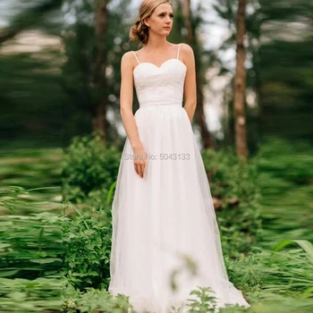 

A Line Tulle Beach Wedding Dresses 2020 Spaghetti Straps Lace Top Backless Formal Bridal Gowns Long Sleeveless Vestidos Noiva