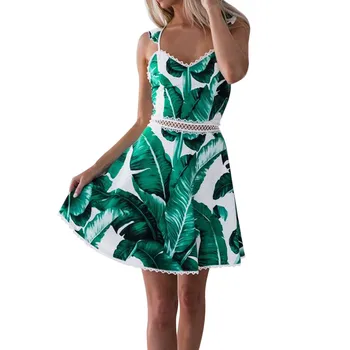 

2019 MAXIORILL New Women Lace Leaves Printing Sleeveless Backless Mini Dress Princess Dress платье Wholesale T3