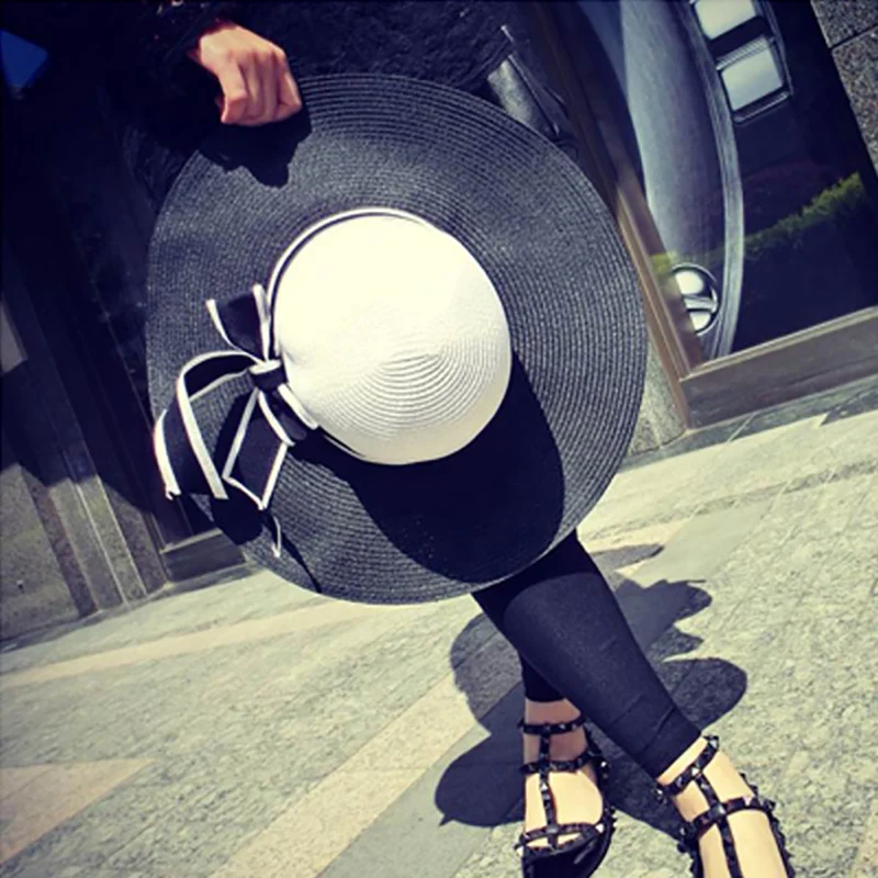 

Fashion Black White Striped Bowknot Summer Sunhat Beautiful Women Beach Straw Hat Large Brimmed Sunhats Sun Visor Hats & Caps