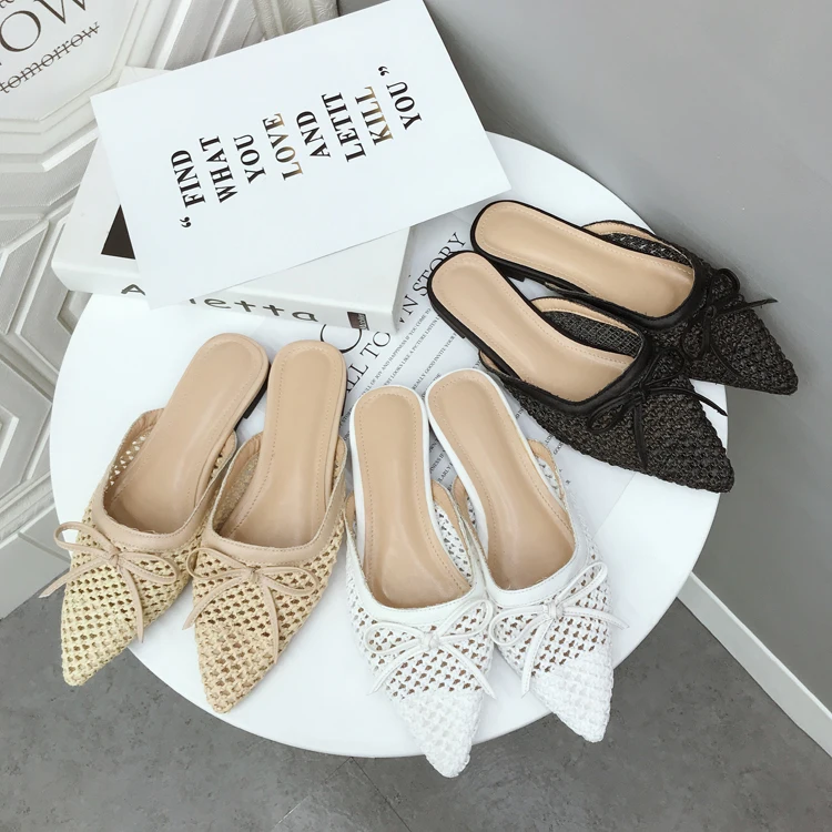 

Shoes Woman Weaving Pointed Toe Mules Summer Bow Knot Low Heels Slippers Shallow Hollow Slides Zapatos Mujer Apricot Black White