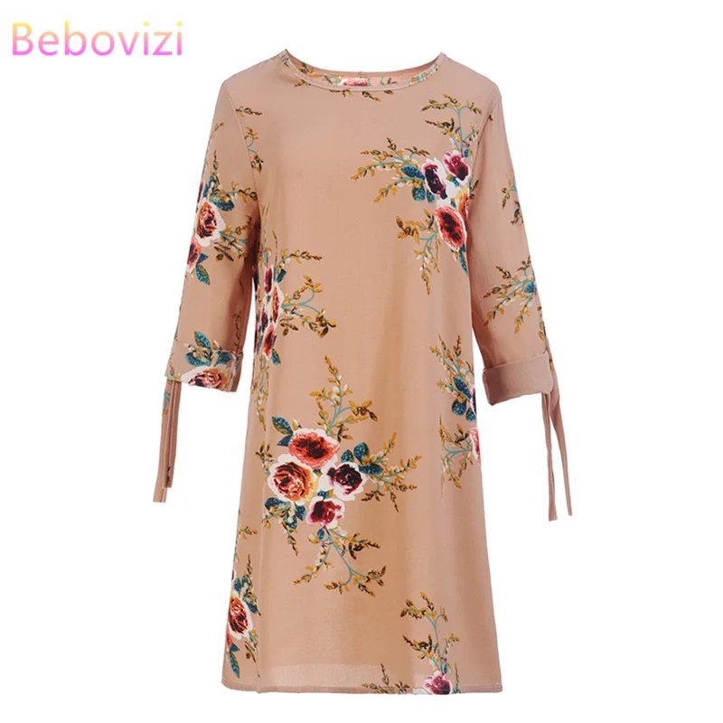 

Bebovizi Women New 2019 Summer Fashion Khaki Dresses Casual Office Vintage Plus Size Straight Elegant Sexy Flower Print Dress