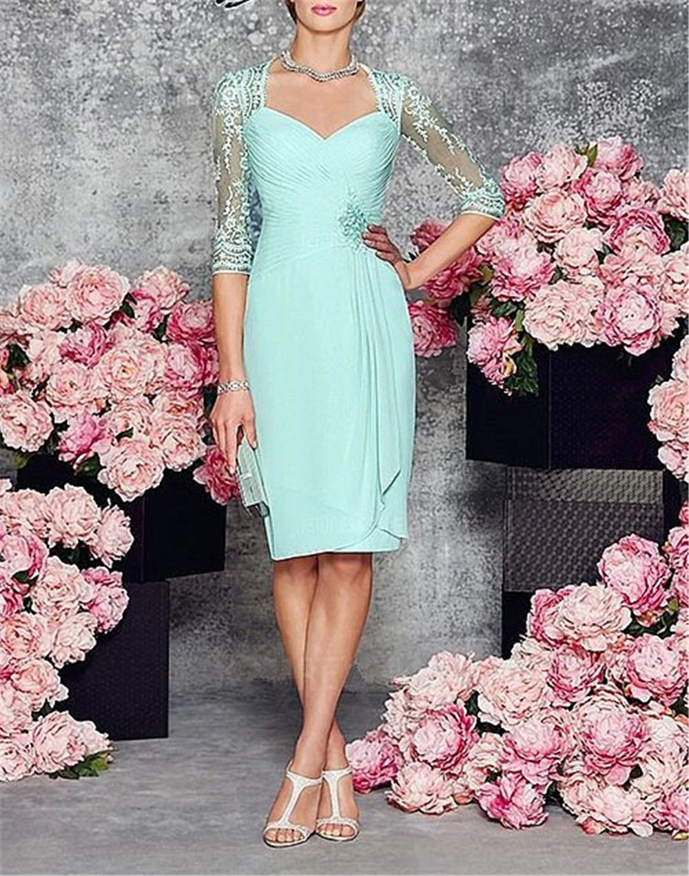 Vestidos de novia 3/4 рукава кружево и шифон Синий длиной до колена Короткие на заказ платья для матери невесты Плюс Размер