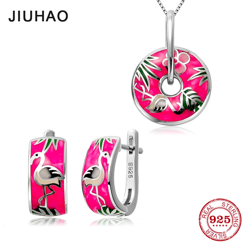

Jewelry set Pale pink Red-crowned crane for women Authentic 925 Sterling Silver charms Fashion pendant Earrings Party Enamel