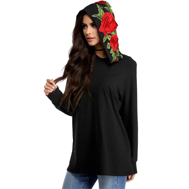 black hoodie with rose embroidery