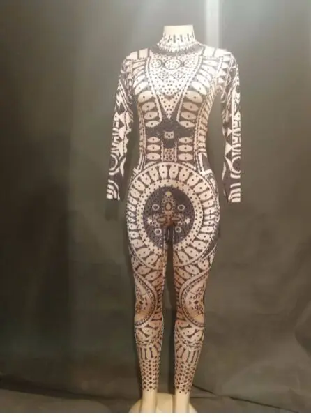 jumpsuit Ночной клуб сценический DJ костюм для певицы сверкающие боди с кристаллами 3D печать Тощий ночной клуб вечерние костюмы сценическая одежда - Цвет: jumpsuit