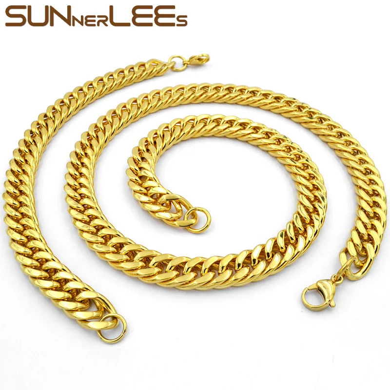 SUNNERLEES Fashion Jewelry Stainless Steel Necklace Bracelet Set 11mm Double Curb Cuban Link Chain For Mens Womens SC19 S | Украшения и