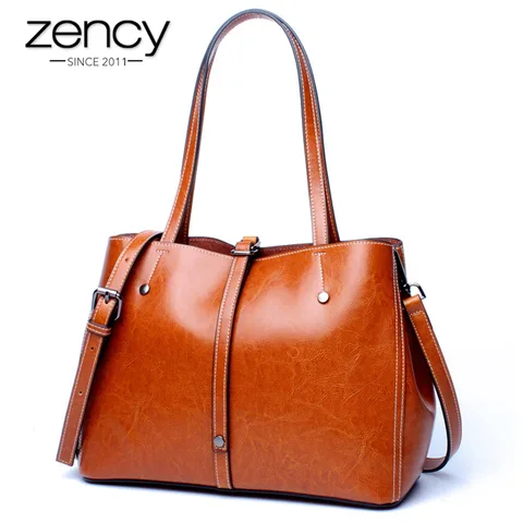 Bolsas de Ombro Zency Moda Feminina Couro Genuíno Pele Macia Prático Compras Bolsas Senhoras Alta Qualidade Casual Tote 100%