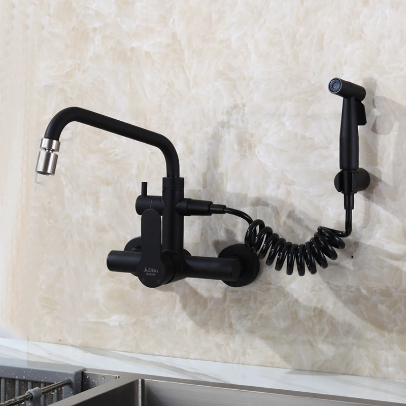 Wall mounted Matte Black stainless steel kitchen faucet with bidet