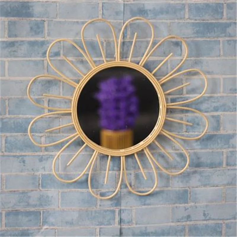 

Oriental rattan hand-woven circular sun flower mirror Nordic style retro dressing mirror wall hanging straight hanging mirror