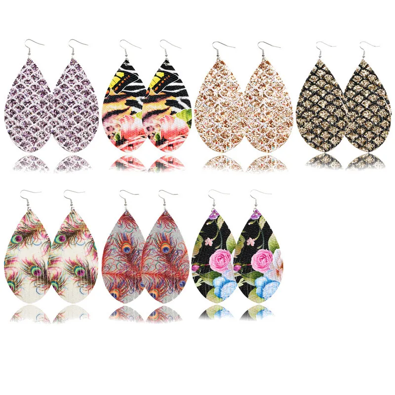 

Double Sided Iridescent Glitter Teardrop Leather Earrings Leather Leaf Earrings Feather Fringe Earrings Lightweight