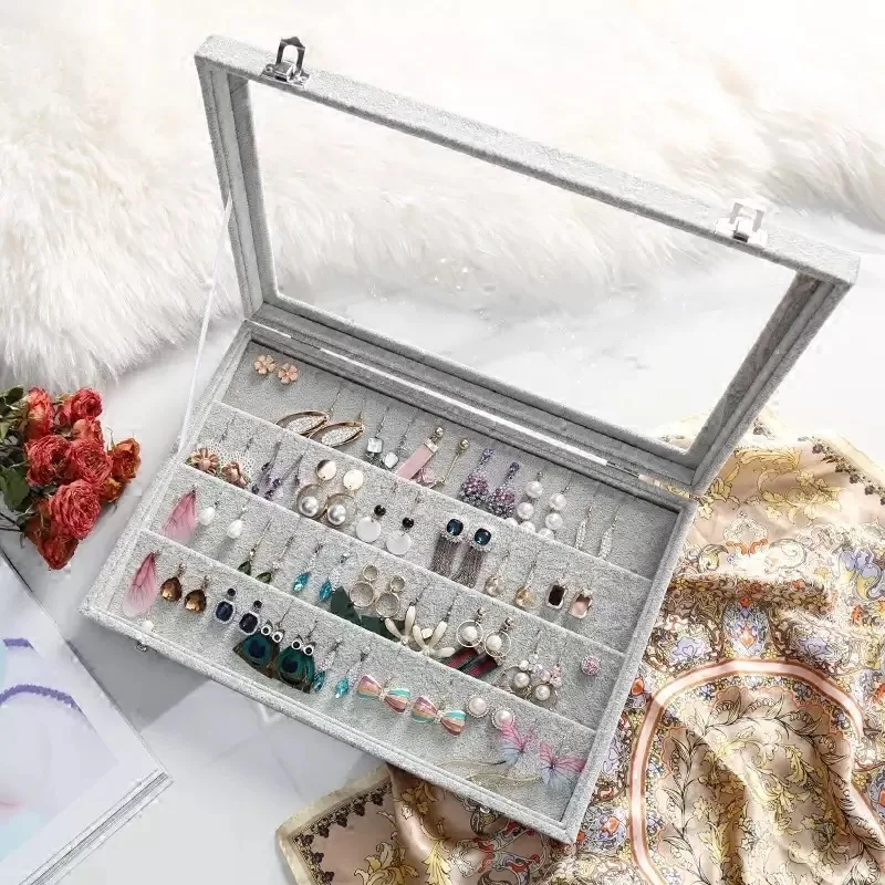 Velvet Carrying Case with Glass Cover Jewelry Earring Display Box Tray Holder Jewelry Storage Box Organizer