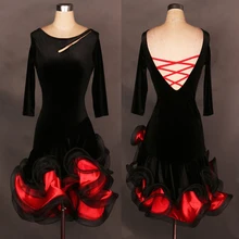 Женские бархатные цветок черный леопард Костюмы для латиноамериканских танцев Танцы платье Румба Танго Международный конкурс костюмы женский квадратный Танцы одежда