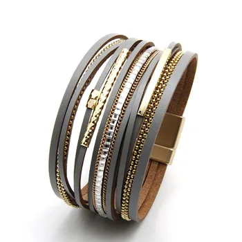 

ZG Leather Bracelet Women Jewelry X Cross Magnet Snake Skin Pattern Rhinestone Wrap Multilayer Bracelets & Bangles Female